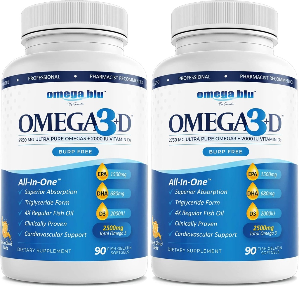 Triple Styrke Farmasøytisk Grade Fish Oil 2750mg - Vitamin D3 50mcg - 1500mg EPA - 680mg DHA - hjerte - Kolesterol - LDL - HDL - Ingen Burps eller Heartburn - høy konsentrasjon - 90 Serveringer