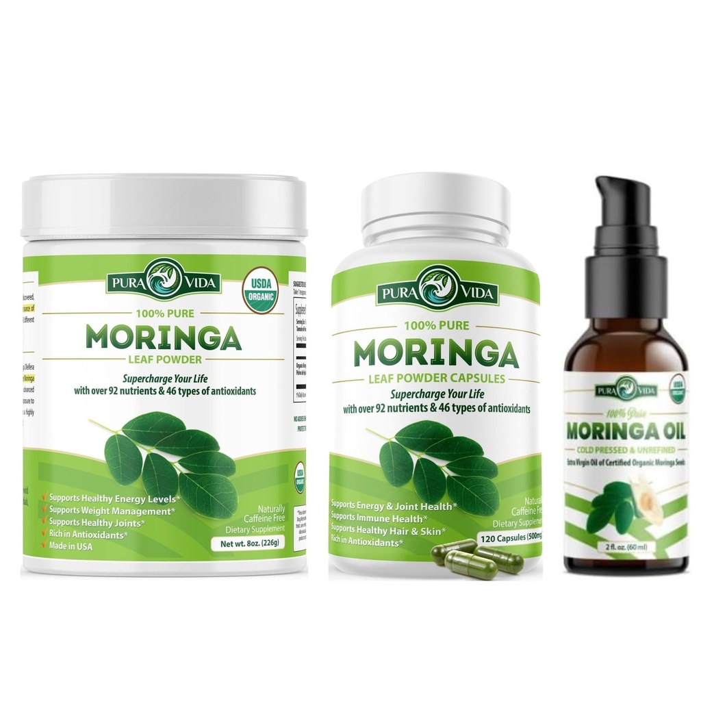 PURA VIDA MORINGA Powder 8 oz Kapsler (120 greve) og organisk Moringaolje (2fl oz)