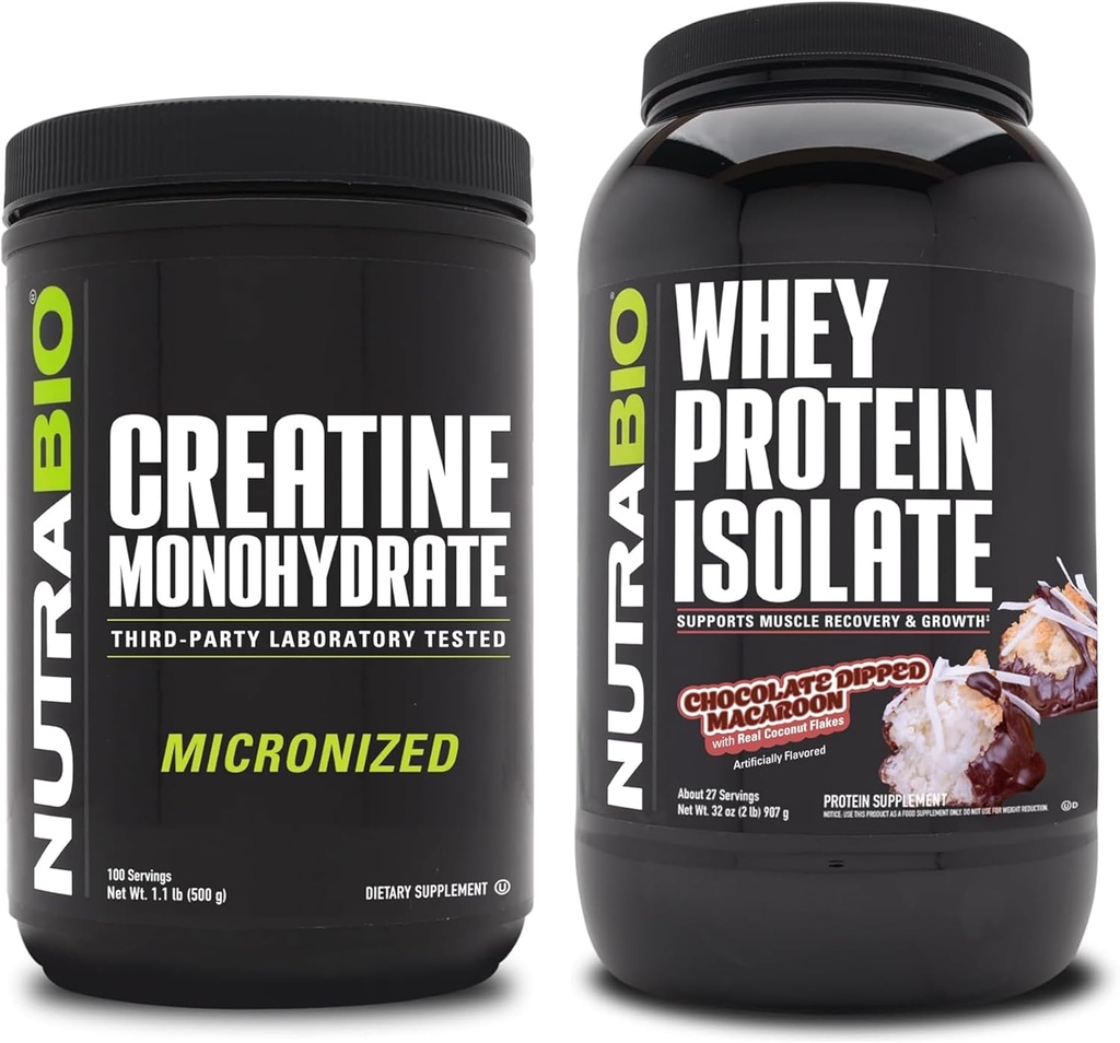 NutraBio Kreatin Monohydrat, Uflavorert, 500g og Whey Protein Isolat, Sjokolade Dipped Macaroon, Supplement Bundle - Muskelenergi, Lean Muskelvekst, Recovery, og Styrke