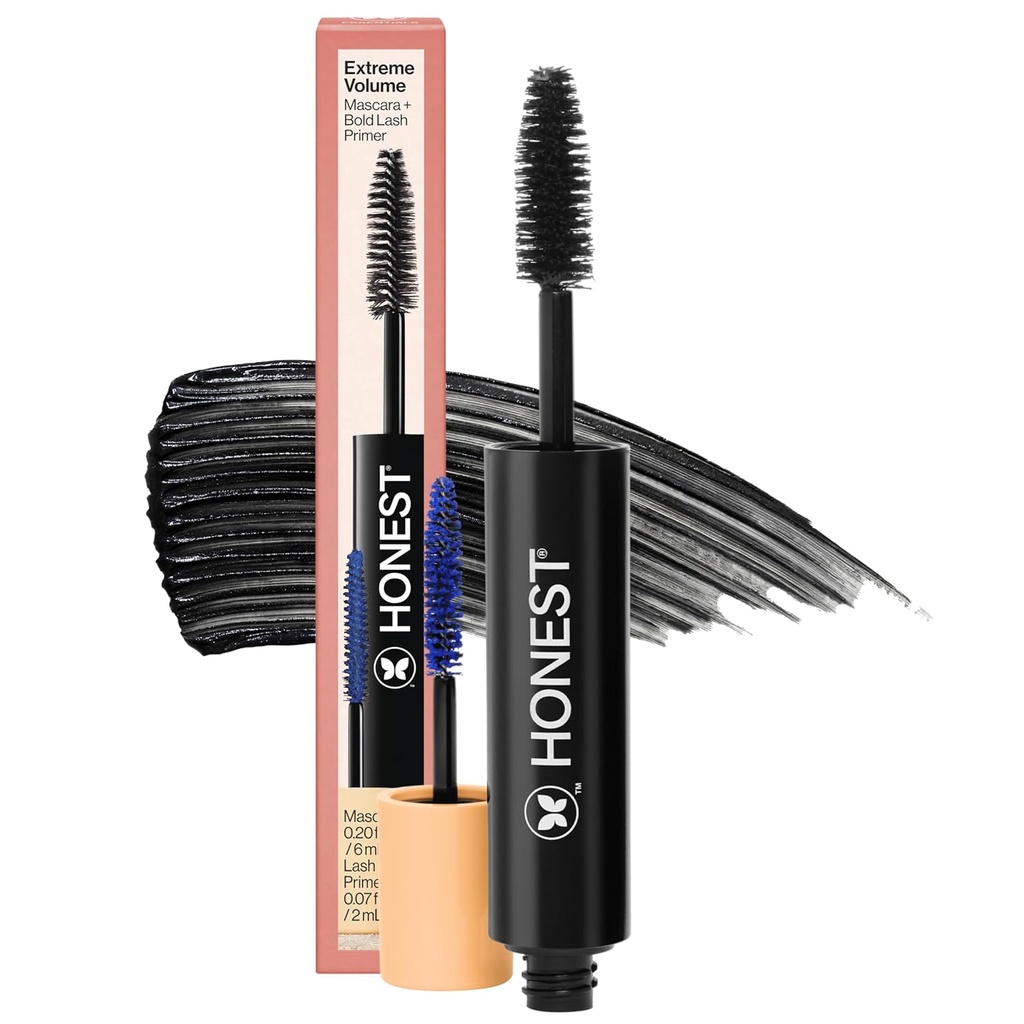 Ærlig skjønnhet 2-i-1 Extreme Volume Clean Mascara + Bold Lash Primer med Castor Olje | Maks volum + Curl | Vegan + trygt for sensitive øyne | Black, .27 fl oz