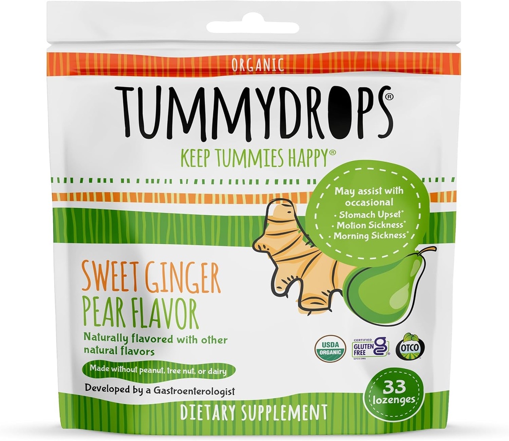 USDA Organic Sweet Ginger Pear Tummydrops, Glutenfri & Vegan. 33 Individuelt innpakket organisk Ginger Lozenges i en forseglbar pose.