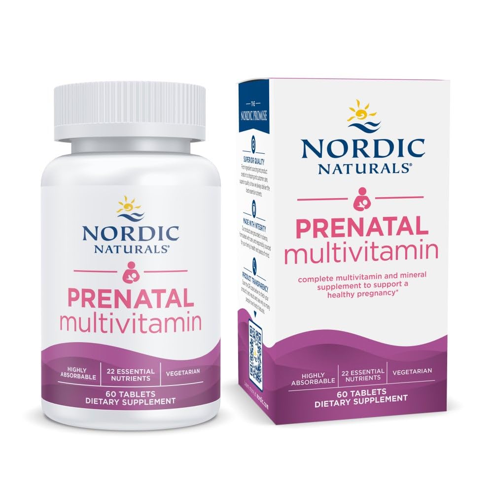 Nordic Naturals Prenatal Multivitamin for kvinner - Daglig vegetarisk prenatal vitaminer - 22 essensielle næringsstoffer, inkludert B6, folat og jern - 60 tabletter - 30 serveringer