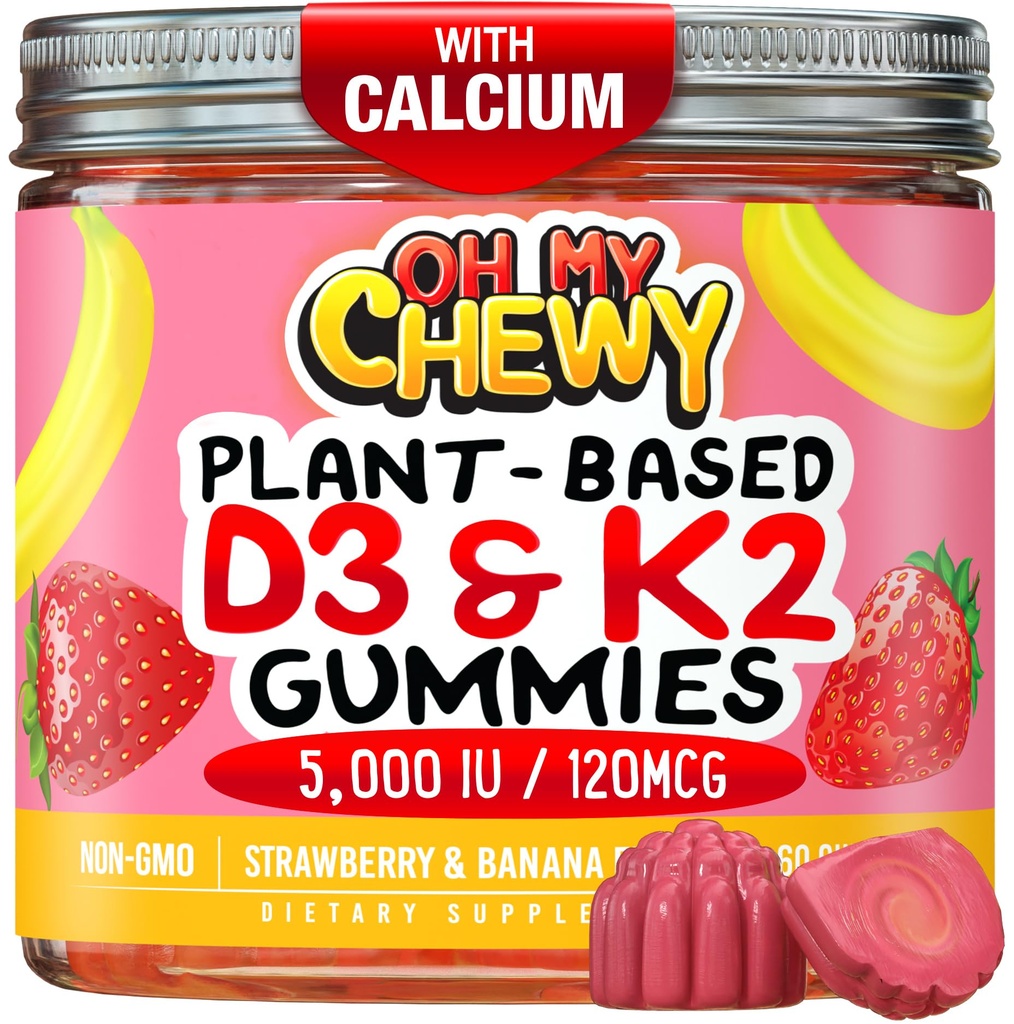 Senterfylket vitamin D3 K2 Gummies - Barn, Tenåringer og voksne - Supplement for sunne tenner, bein, energi og immunitet - 5000 IU D3, 120 mcg K2(MK-7), 120 mg kalsium - Vegan & ikke-GMO - 120 count
