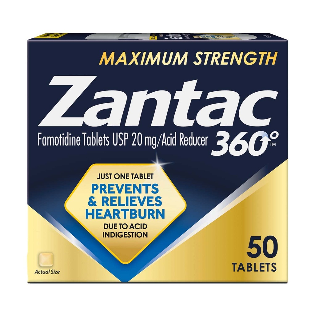 Zantac 360 Maksimal styrke tabletter, 50 greve, Heartburn Forebygging og relief, 20 mg tabletter