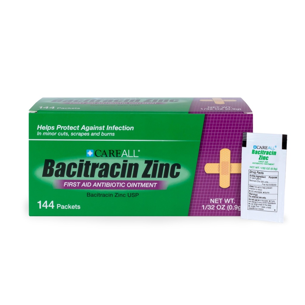 CareAll Bacitracin Antibiotika Zink Ointment (144 Pack), 0,9gr Foil Packet. Førstehjelpsovnen som hindrer infeksjoner for mindre kutt, scrapes og brenner