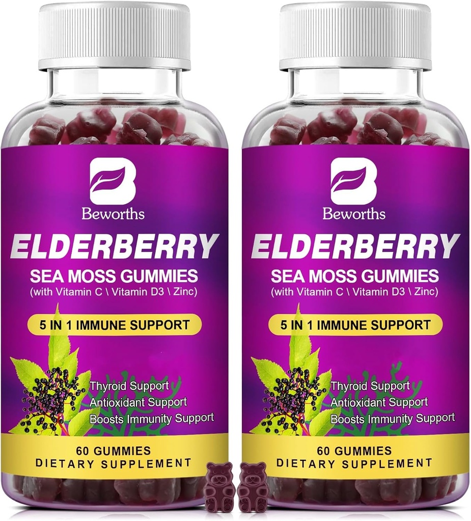 (2 Pack Elderberry Gummies & Irish Sea Moss, Organic Sambucus Elderberry Gummy med Seamoss, Sink, vitamin C, D3, Multivitamin Elderberry Vitaminer - Sukkerfri