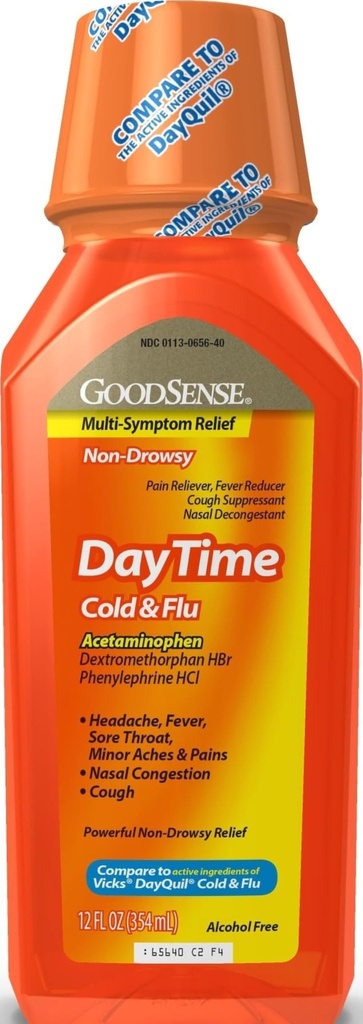 GoodSense Daytime Cold & Flue Multi-Simptom Relief, Ikke-Drowsy, Effektiv lindring for feber, Sore Throat, Cough, Nasal Congestion, 12 Fl Oz