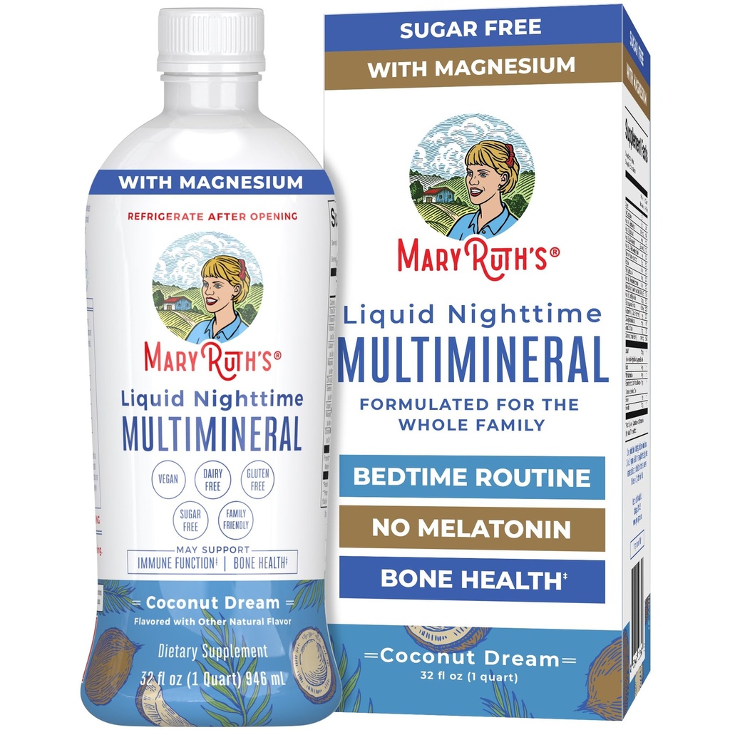 MaryRuth Organics Fluid Nighttime Multimineral | Ingen Melatonin | Bedtime Rutine | Magnesium Citrat | Kalsium | Zinc | Vitamin D3| Tilgjengelig i 4 Flavors - Vegansk | Sukkerfri | Glutenfri | 32 Oz