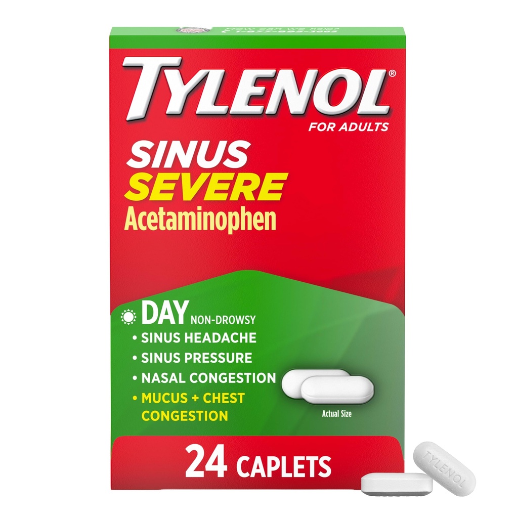 Tylenol Sinus alvorlig dagtid Cold & Flue Relief Medicine Caplets, Ikke-Drowsy smertestillende, Feber Reduser Forventer & Decongestant, Acetaminophen, Guaifenesin & Phenylephrine HCl, 24 ct