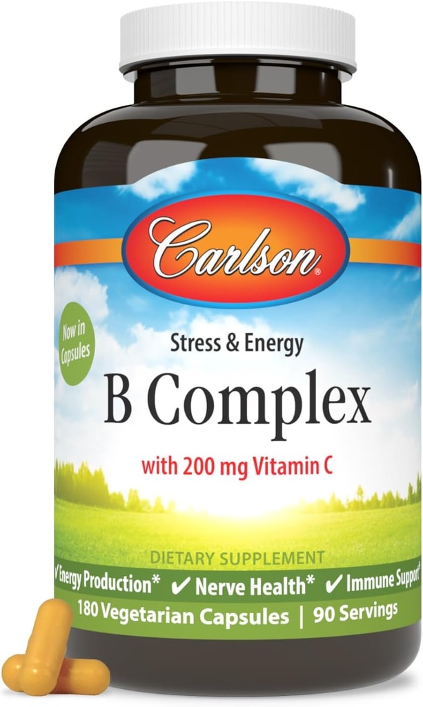 Carlson - B Complex balansert B vitaminer med vitamin C - Stress, energi og immun vitamin B kompleks for kvinner og menn - 180 vegetariske kapsler