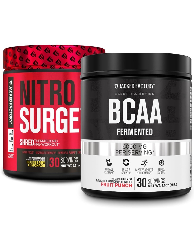 Jacked Factory Nitrosurge Shred Termogene Pre-Workout i Blueberry Lemonade & BCAA i frukt Punch for kroppen rekomponering, muskelbygging og gjenoppretting