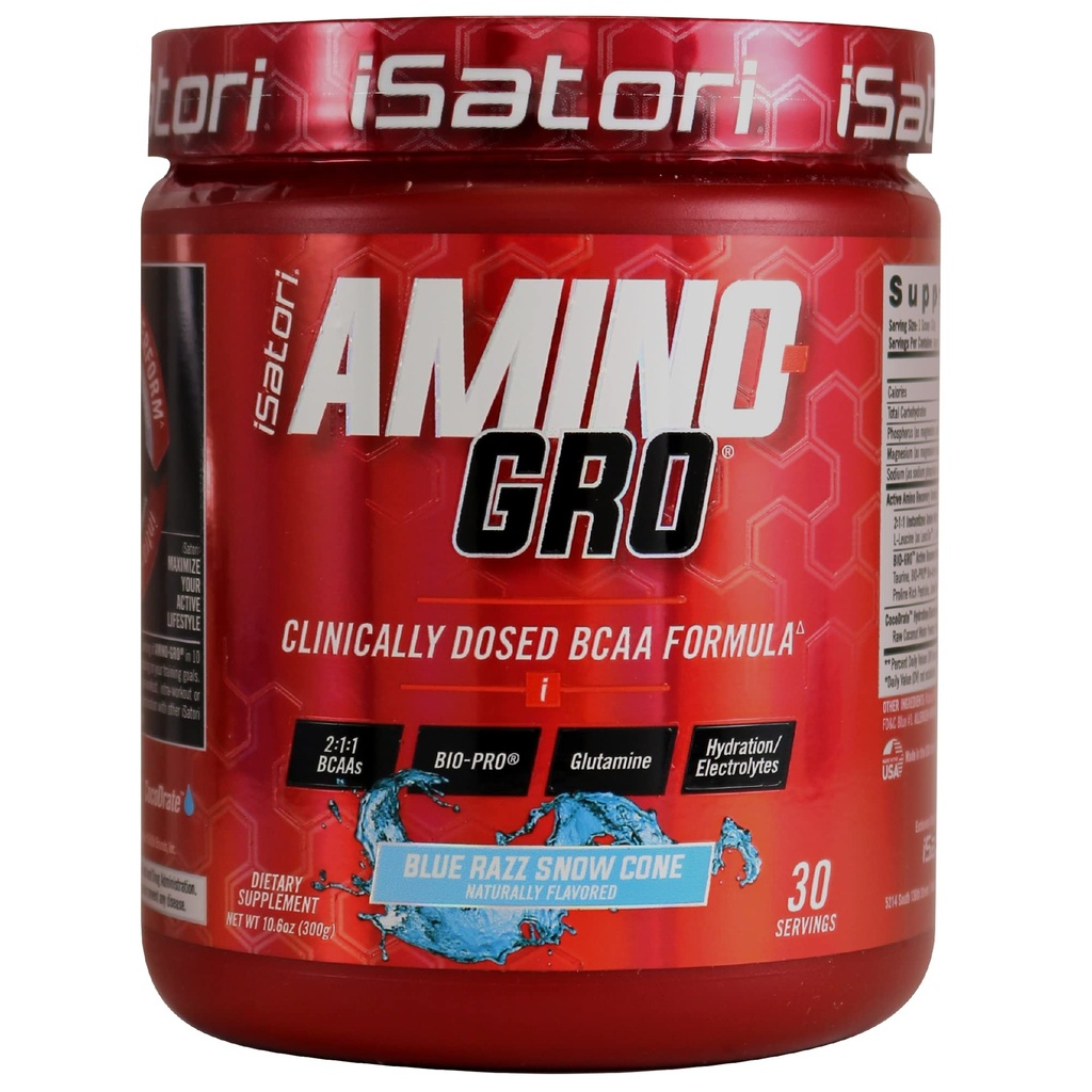 iSatori Amino-GRO BCAA pulver, grened kjede Aminosyrer med glutamin, Electrolyte pulver & Bio-GRO Bio-Active Peptidas for muskelvekst og post trening gjenoppretting, blå razz snø kon (30 serveringer)