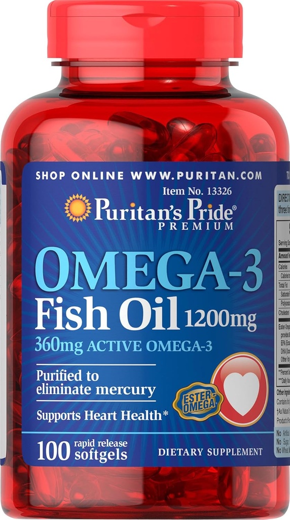 Puritan Pride Omega-3 Fish Oil 1200 mg (360 mg aktiv omega-3) - 100 Softgels