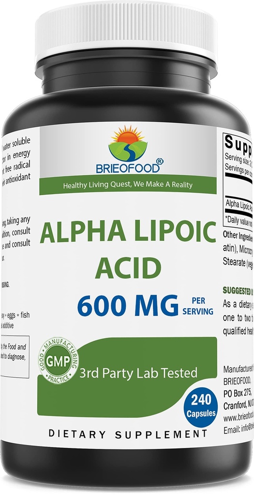 Brieofood Alpha Lipoic Acid 600 mg per servering - 240 kapsler - Ikke-GMO, Glutenfri