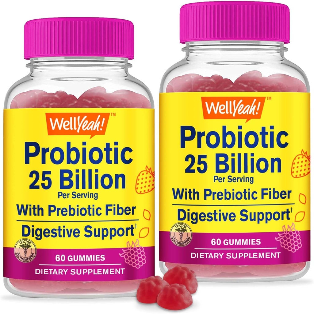 VelJa (2 Pakke 25 milliarder probiotika + Prebiotika for menn og kvinner Gummies - Digestiv støtte, Gut Helse, Immun støtte Gummy - Probiotika for digestiv helse med 12 strimler - 60 Gummies