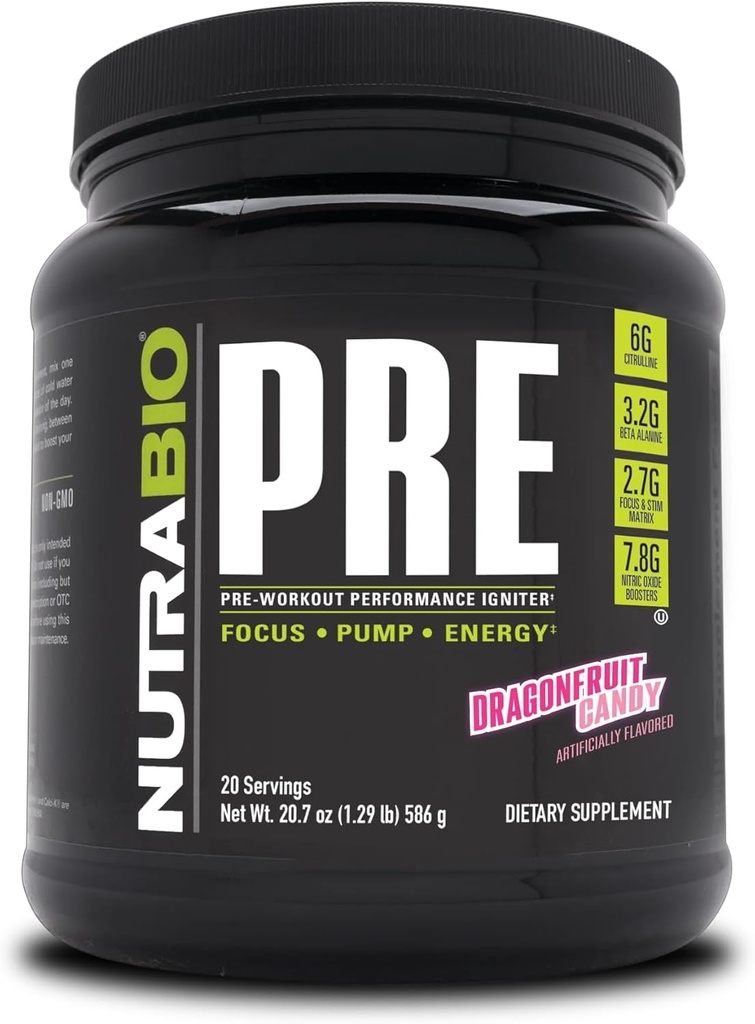 NutraBio PRE Trening pulver - gammel formel-utnyttbar energi, mental fokus, utholdenhet - Beta Alanine, kreatin, koffein, elektrolytter - 20 serveringer - Dragonfrukt Candy