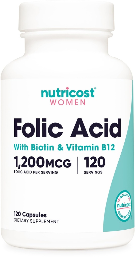 Nutricost folsyre for kvinner (Vitamin B9) 1200 mg, 120 kapsler, med B12 og Biotin, Veggie Caps, Ikke-GMO & Glutenfri