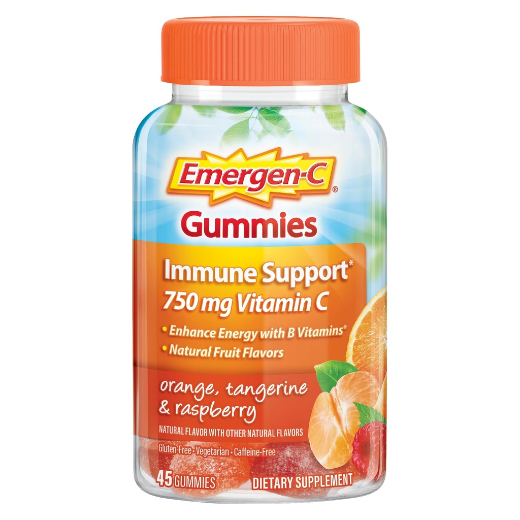 Emergen-C 750mg Vitamin C Gummies for voksne, Immunitet Gummies med B Vitaminer, Glutenfri, Oransje, Tangerin og bringebær Flavors, Tilbake til skolen Essentials - 45 Count