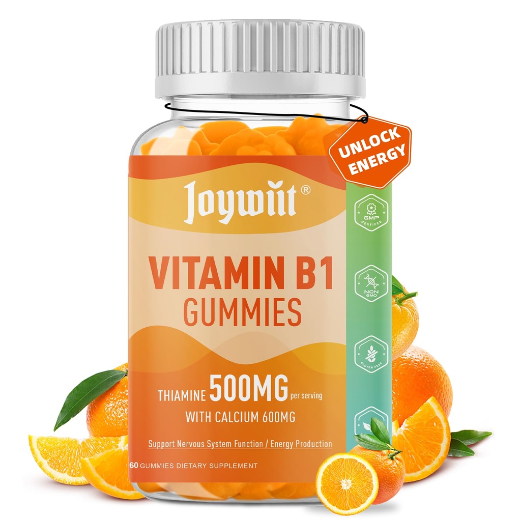 Vitamin B1 Gummies 500 mg, Chewable Thiamine B1 Supplement for voksne, med 600 mg kalsiumcitrat, støtte nervesystem, vegan, naturlig oransje flavor