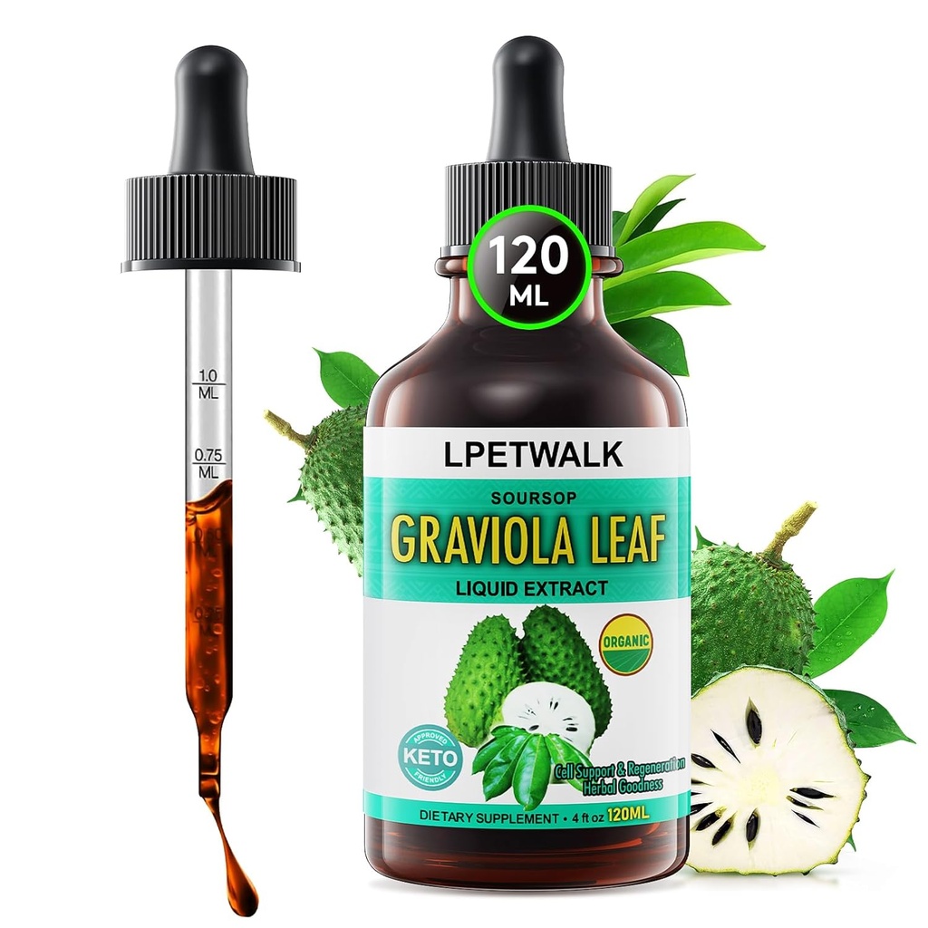 4 Fl Oz Soursop Graviola Leaf ekstrahere flytende dråper - Natrual Guanabana Leaves Drop - Økologisk Soursop Bitters Flytende olje, 98% Absorpsjon, 120ML Stor kapasitet