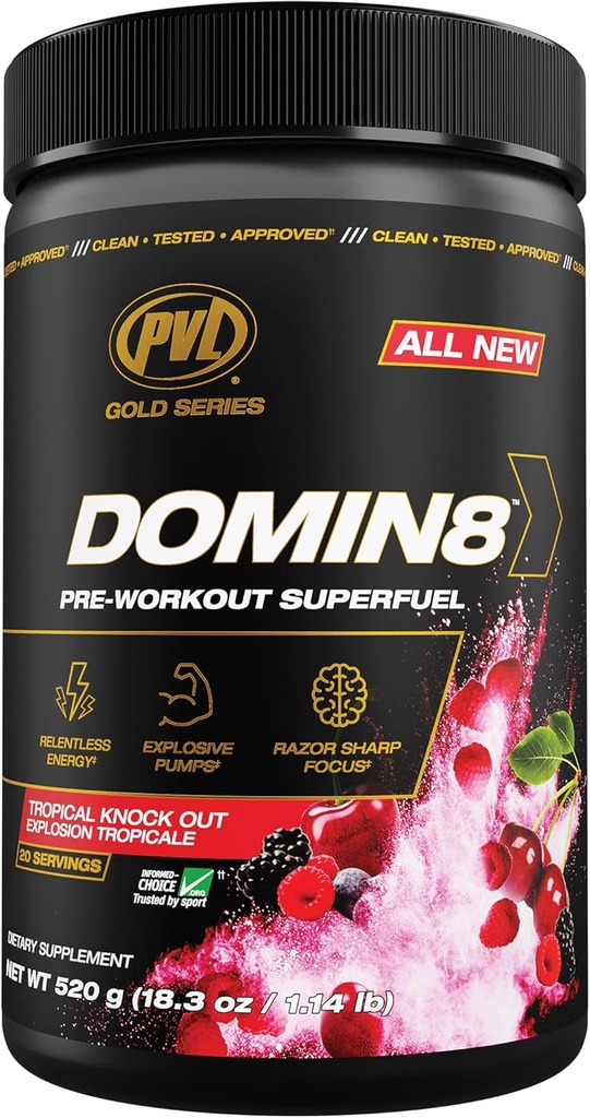 PVL Gold Series Domin8 | Pre-Workout Superdrivstoff - Full dose Preworkout - 520 g - Tropical Knock Out