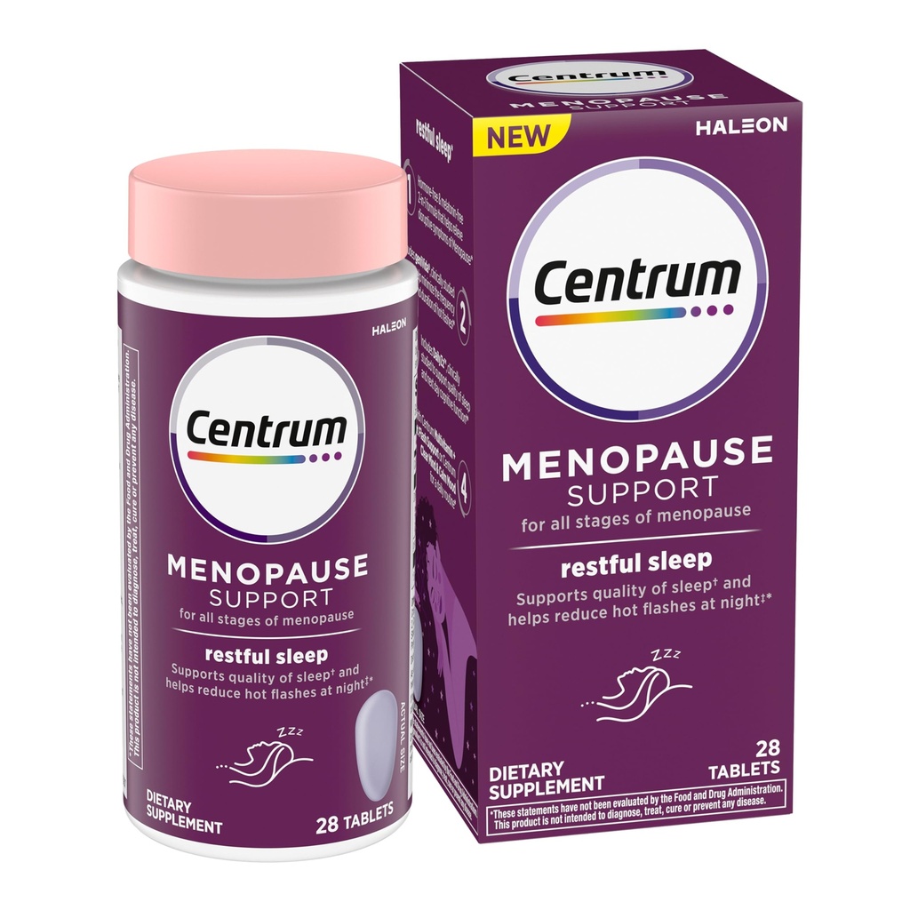 Centrum Restful Sleep Menopause støttetabletter, Supplement med klinisk studert DailyZz og geniVida, 28 greve