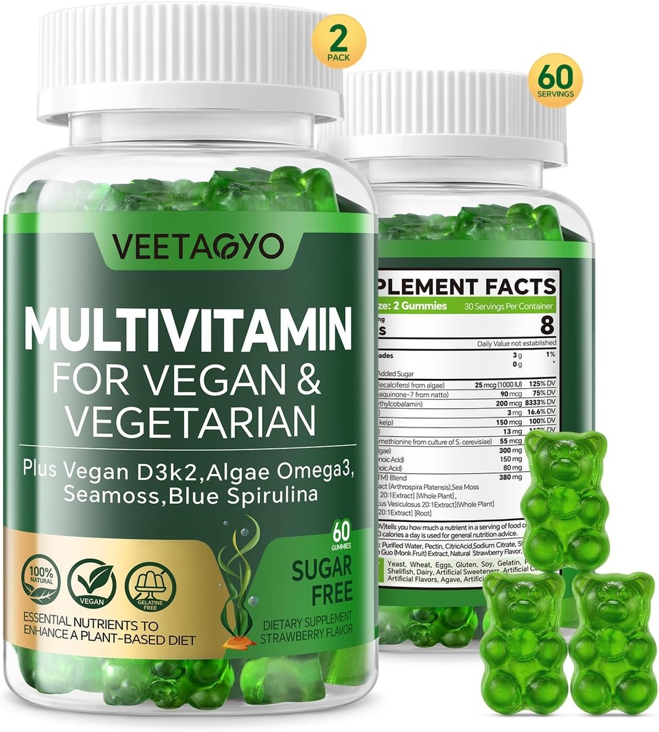 Vitamin D3 + K2-1000IU D3 90mcg K2 - Multivitamin for vegetarianere og voksne w/Algae Omega-3,Iron,Metyl B12,Seamoss,Iodin for bein,Muscle,Energy,Imunitetsstøtte- sukkerfri, Glutenfri,120 greve