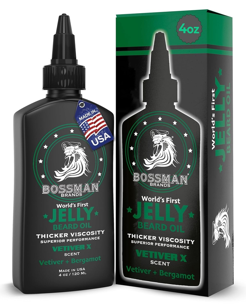 Bossman Jelly Beard Olje for menn (4 oz, Vetiver X Scent) - Softens, Moisturizes og betingelser med naturlige ingredienser