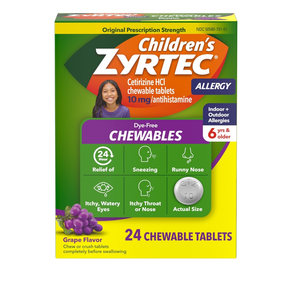 Zyrtec barns dye-fri Chewables for 24 timers allergi relief, 10 mg cetirizin hydroklorid antihistaminer tabletter, barn allergi medisin lindrer sneezing & kløe Throat, Grape, 24 ct