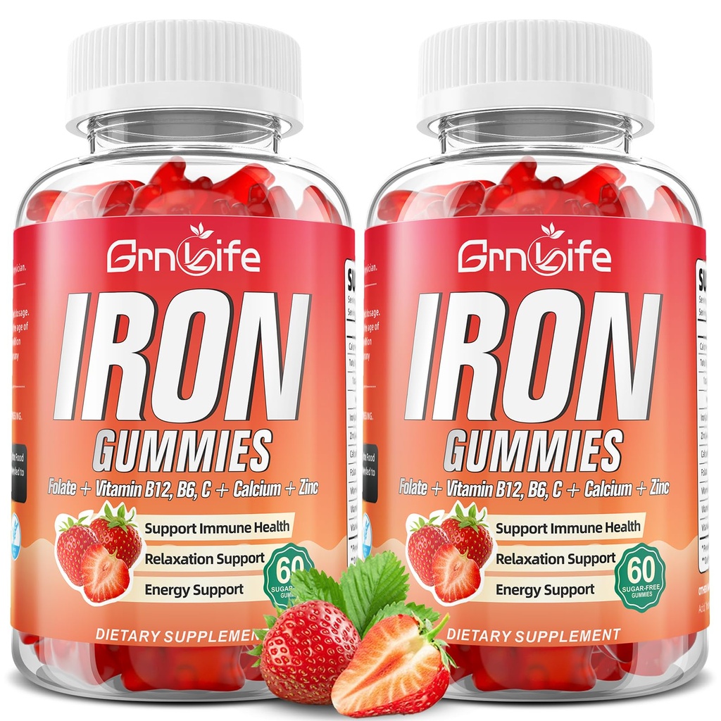 Iron Gummies for kvinner, menn og barn, sukker gratis jern Supplement med kalsium, sink, folat og vitamin B12, C, B6 - for blodbygging og energi støtte, anemi, jordbær, 120 greve