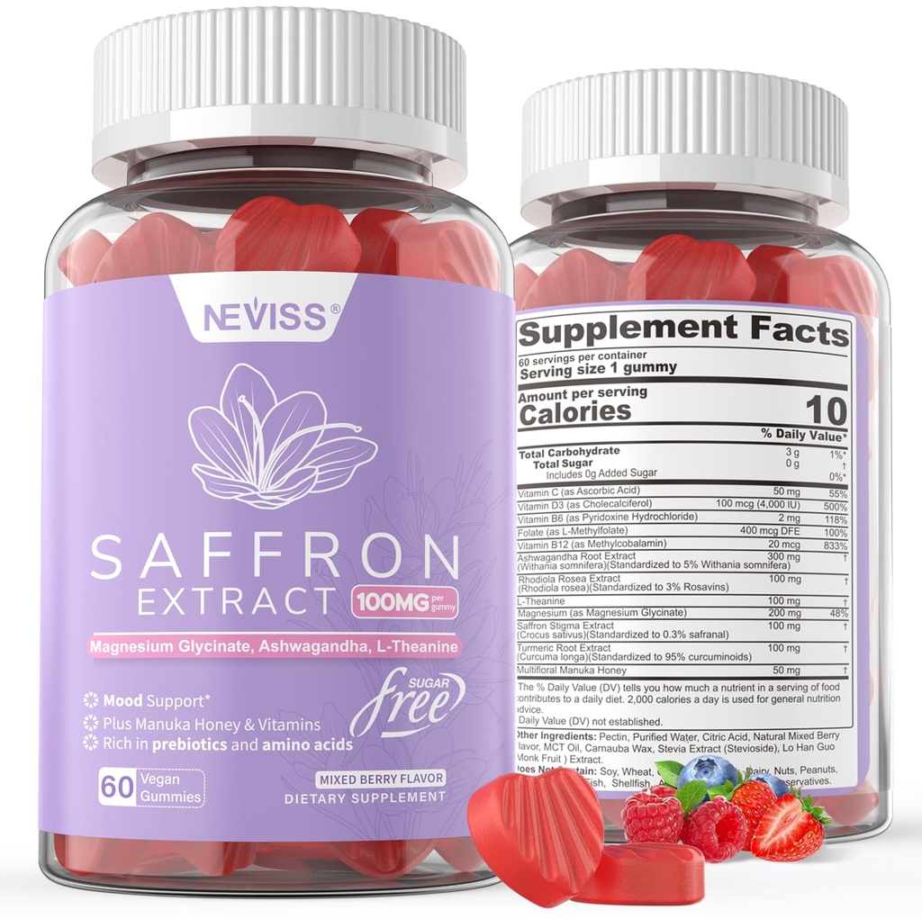 Saffron Supplements Gummies 100mg - 100% ren saffron ekstrakt med magnesiumglykinat, L-theanin, gurkemeie, Ashwagandha, Honning & vitamin B kompleks for Mood & Power, Antioksidant, Vitalitet - 120 Count