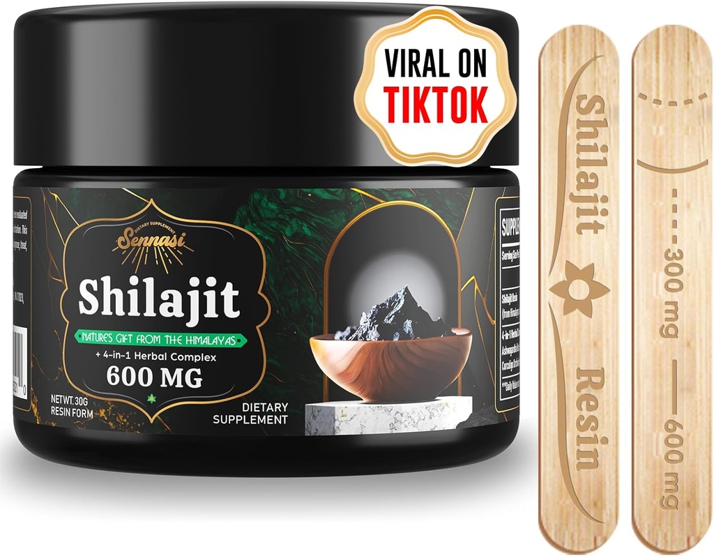 Sennasi 600 MG Shilajit Resin - Shilajit Supplement med Fulvic Acid & 85+ Spor Mineraler for energi, immunitet, Hjernekraft, 30 gram