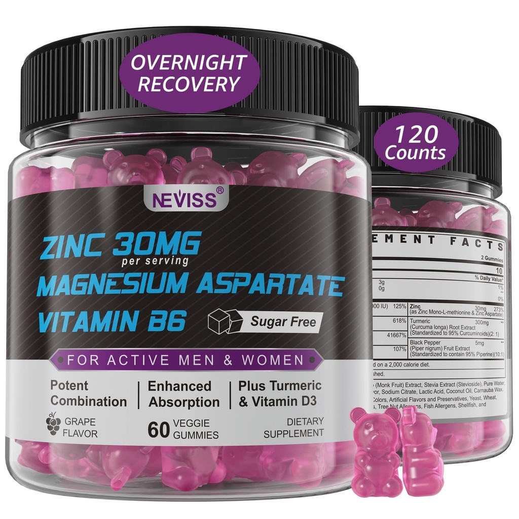 Sink og magnesium Supplement, Sink magnesium Aspartate Post Workout Gummies for menn kvinner, med Vitamin B6, B12, D3, Turmeric for nattetid gjenoppretting, redusere tretthet, øke immunitet og søvn, 120 greve