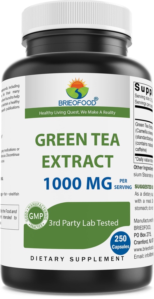 Brieofood Green Tea Extract 1000 mg per servering (Min 50% polyfenoler) - 250 kapsler - 3rd Party Lab Testet for renhet og kvalitet