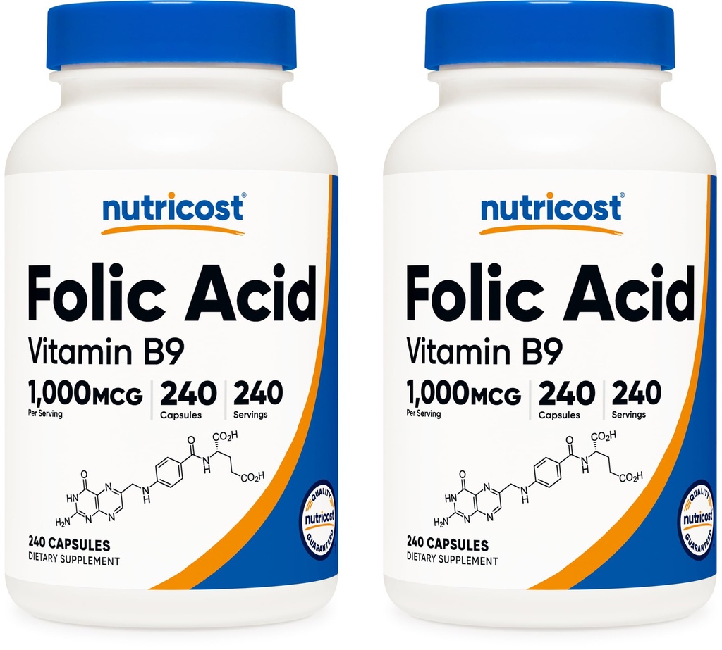Nutricost Folinsyre (vitamin B9) 1000 mikrog, 240 kapsler (2 flasker)