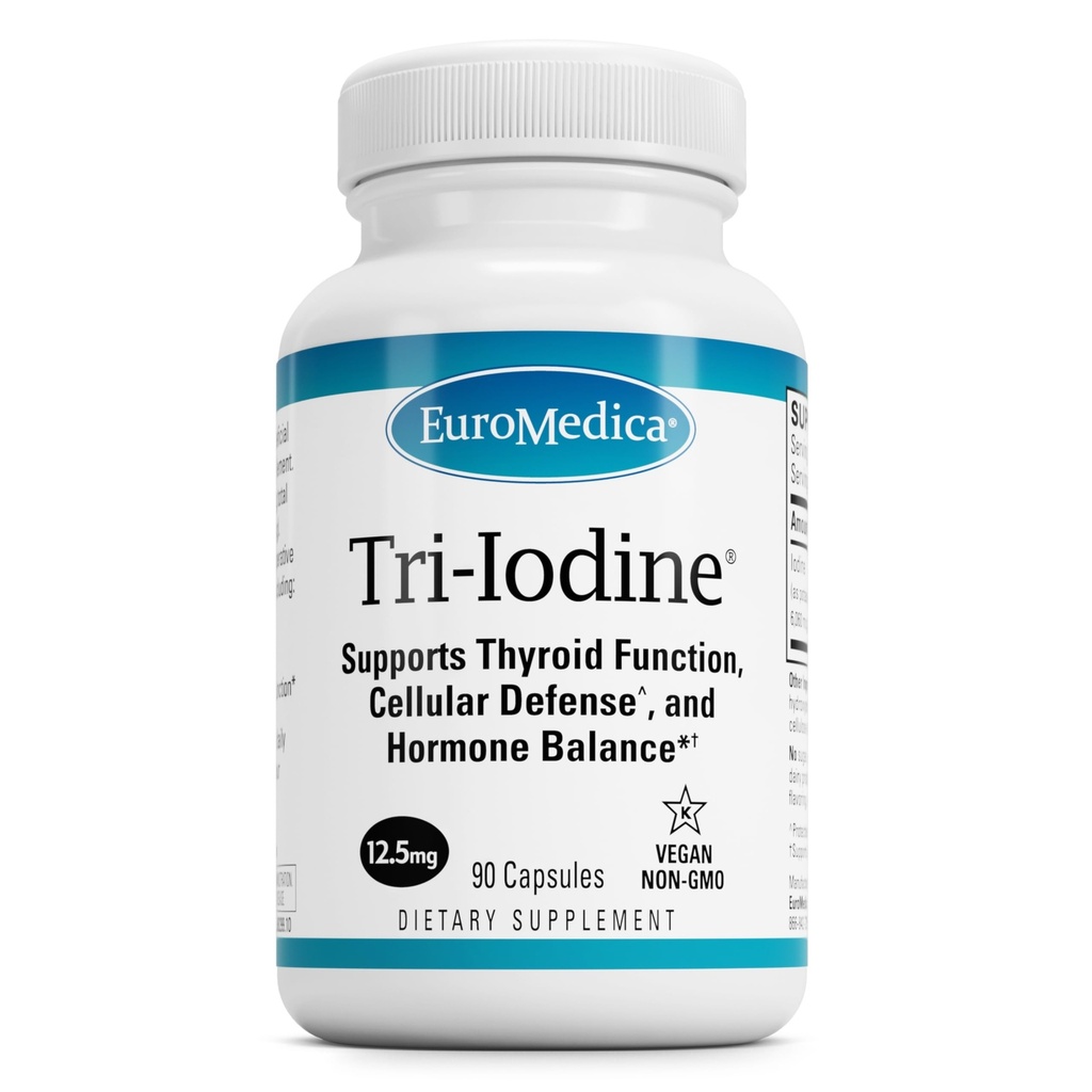 EuroMedica Tri-Iodine - Støtte Thyroid Helse - Bidrar Hormon Balance med molekylær jodin fra Kelp - Funksjoner Kalium jodid & Natrium jodid - Brain & Energy Support - 12,5 mg, 90 Kapsler