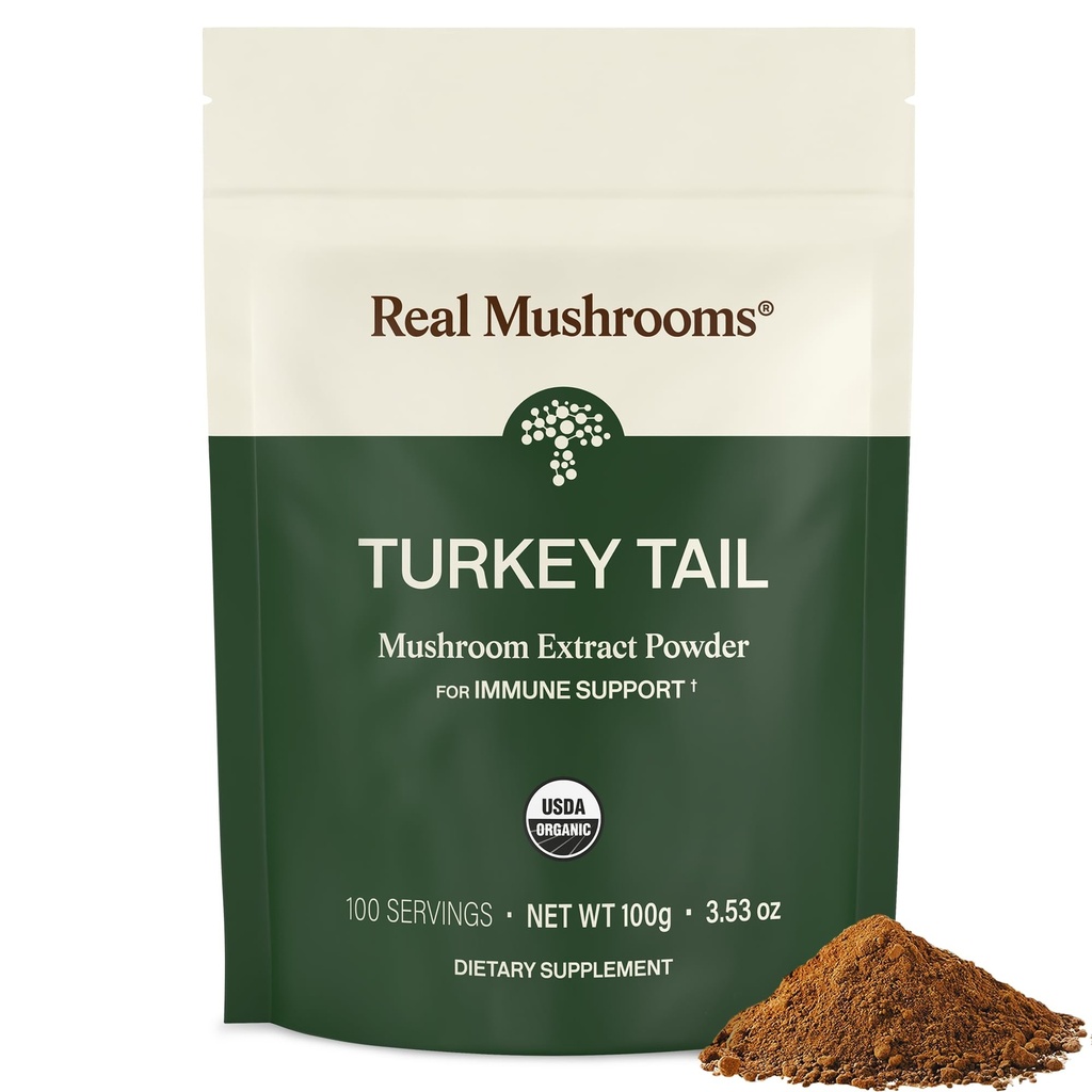 Ekte Mushrooms Tyrkia Tail Moshroom pulver - organisk Tyrkia Tail ekstrahert fra - for velvære, Gut Harmony, & energi støtte - Vegansk, ikke-GMO, Ingen fyllstoffer - 100 Serveringer Funksjonell Mushroom Supplement