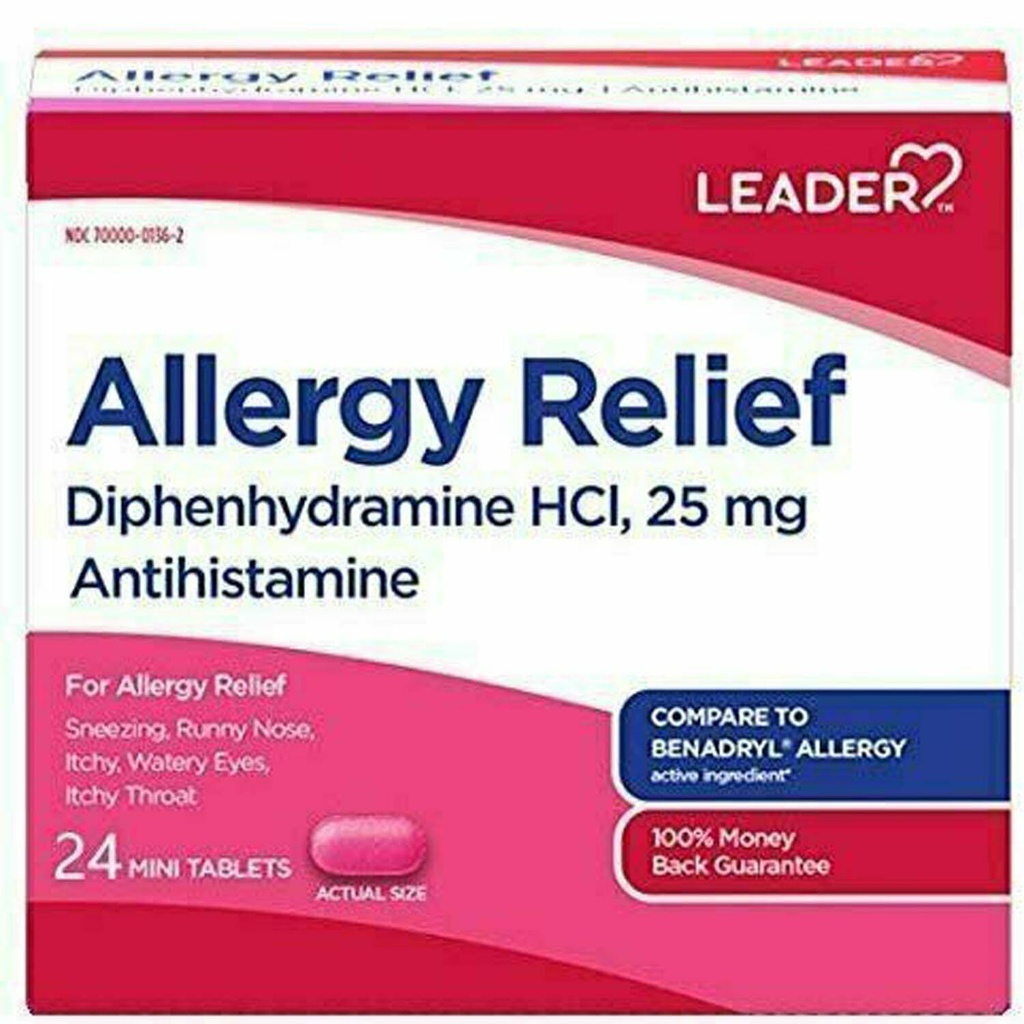 Leder Antihistaminer Allergi Relief Diphenhydramin HCl, 25 mg Mini tabletter, 24 teller