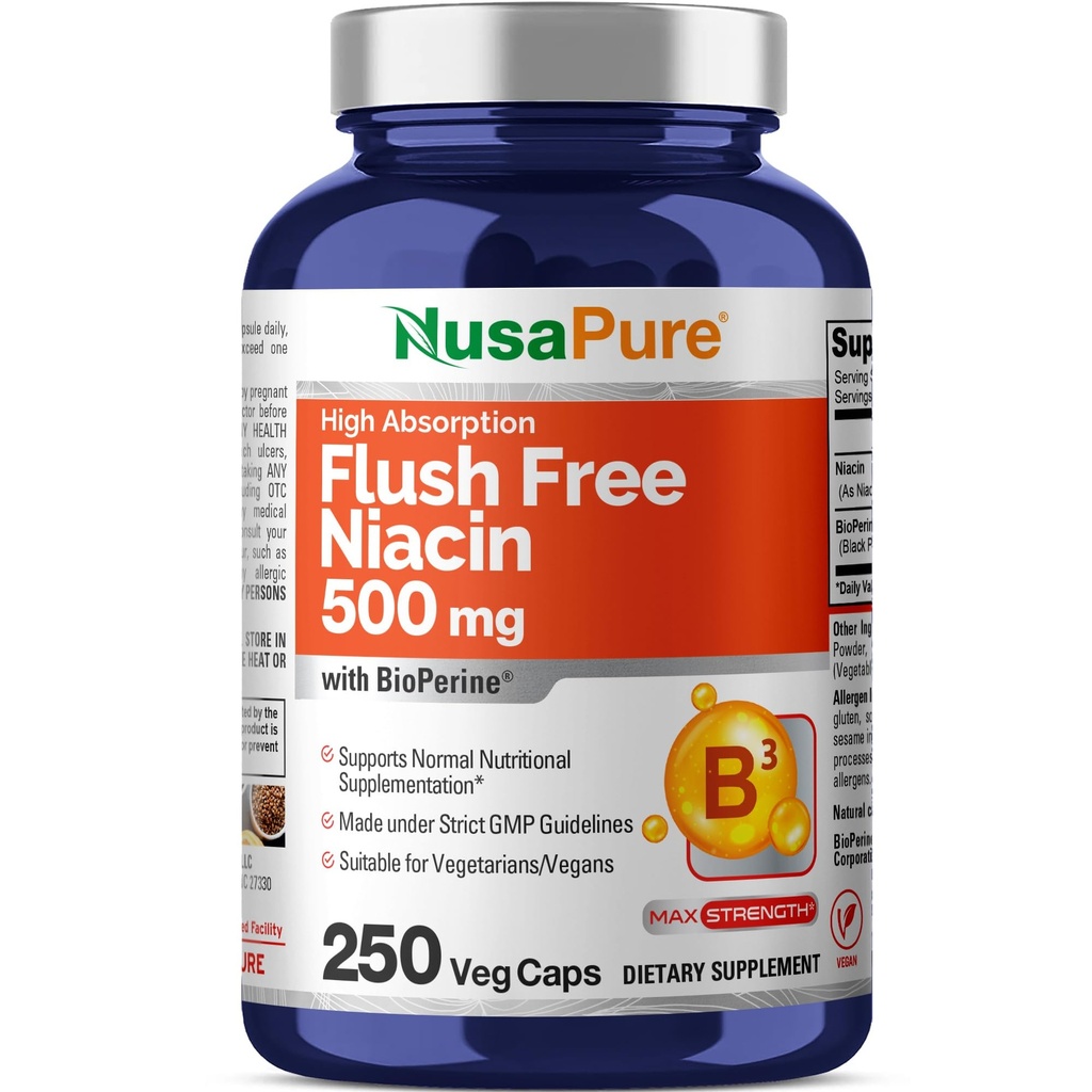 NusaPure Flush Free Niacin 500 mg 250 caps (Vegan,Non-GMO & Vegan) Bioperin