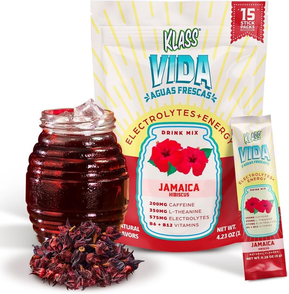 Hydration + Energi Electrolyte Drink Mix - Hibiscus Agua Fresca Flavor ® Sukkerfri pulver med koffein, L-Theanin, kokosvann og mineraler ® 15 enkeltserve Stick Packs, lav kalorie