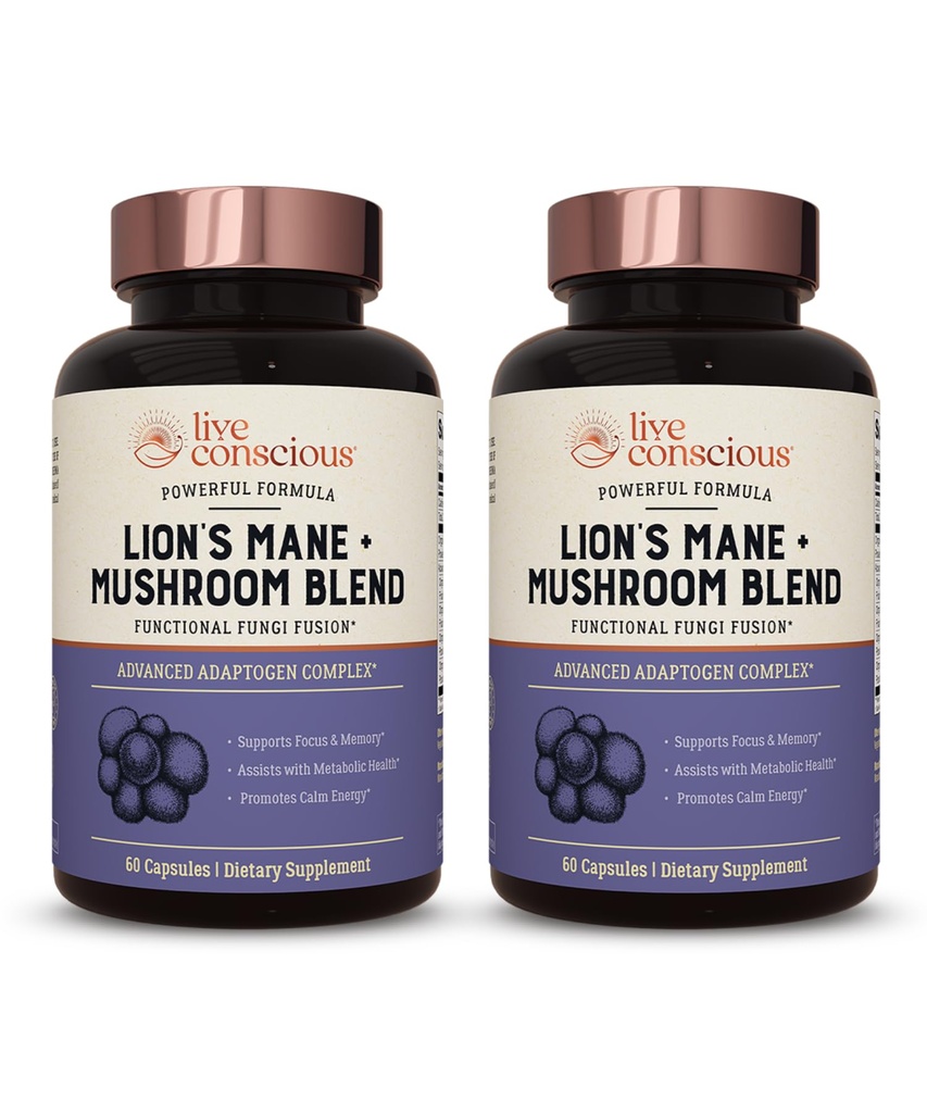 Live bevisst Lions Mane Mushroom Supplerende kapsler for hjernestøtte w/Lions Mane, Cordyceps, Reishi og Tyrkia Tail Mushrooms - Kognitiv minne Supplement for hjernen (2-Pack)