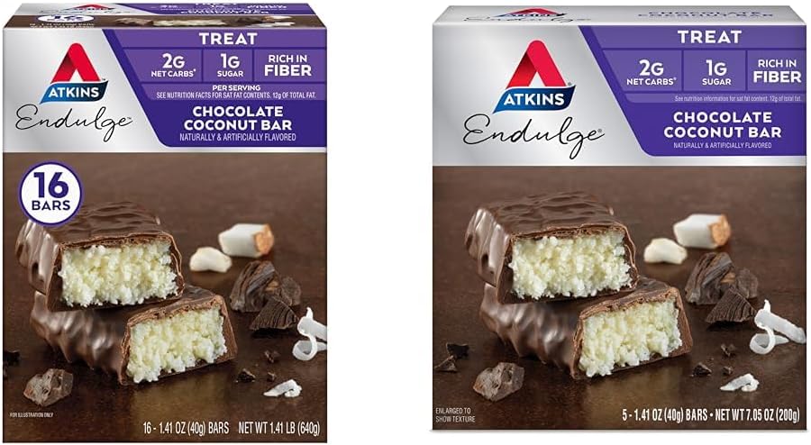 Atkins Endulge Sjokolade Kokos Bar 16 Count & 5 Count Bundles, Dessert Favoritt med sjokolade og kokosnøtt Flavors, høy i Fiber, 1g Sukker per servering