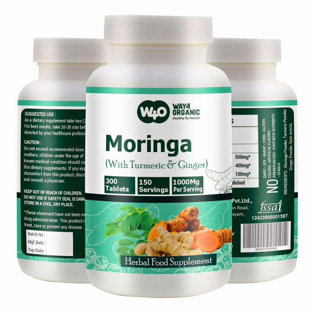 Moringa tabletter med gurkemeie og ginger, 300 piller, 5 måneders forsyning, 150 servering, 1000 mg per servering. En kapsel med flere fordeler - støtter digestiv helse (pakke med 1)
