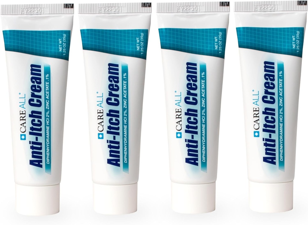 CareAll Anti-Itch Cream 1.25oz (4 Pack) Histamine blokkering, Diphenhydramine HCI 2% Topisk Analgesic & sink Acetate 0,1% Hudbeskyttende for midlertidig smerte og kløe lindring fra vanlige utendørs klør