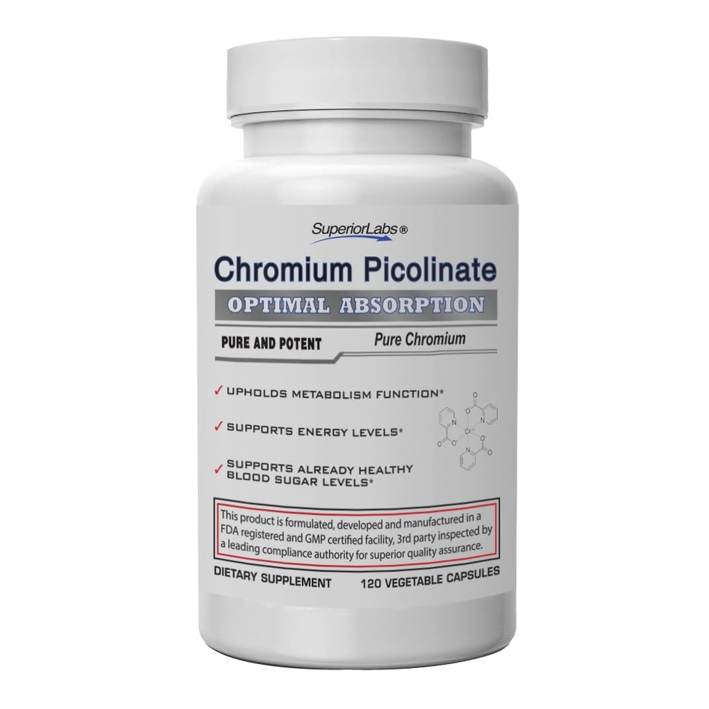 Superior Labs Chromium Picolinate 500mcg, høy absorpsjon, ikke-GMO, blodsugar & metabolisme støtte, vekt og mat craving ledelse, hjelper energi og insulin følsomhet, 120 Veg Caps