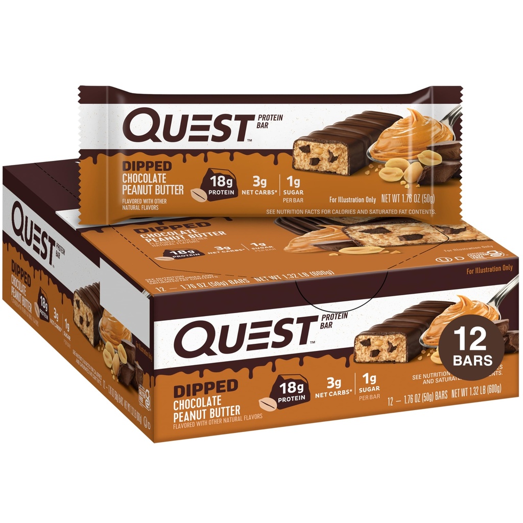 Quest Nutrition Dipped Sjokolade Peanut Smør Protein Bars, 18g Protein, 1g Sukker, 3g Netto Karbohydrater, Glutenfri, 12 teller