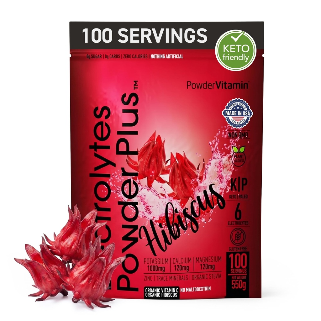 PowderVitamin Electrolytes pulver Plus (100 serveringer) Hibiscus Electrolyte pulver Zero Calorie Keto,0 Sukker, Ingen Maltodextrin, 1000 mg Kalium,120 mg kalsium,120 mg magnesium, Hydration pulver