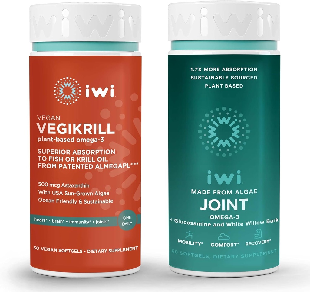 iwi Life Vegikrill & Joint Omega-3 Bundle, 30 Serveringer, Vegan Plant-basert Algae Omega 3, Krill & Fish Oil Alternative, Ingen Fiskig Ettersmak