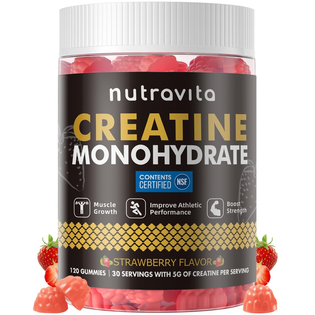 Nutravita NSF Certifisert Kreatin Gummy - Kreatin Monohydrat Gummier for menn og kvinner-5g Kreatin Monohydrat per servering - Sukkerfri,Vegan, Jordbær Flavor, 120 greve