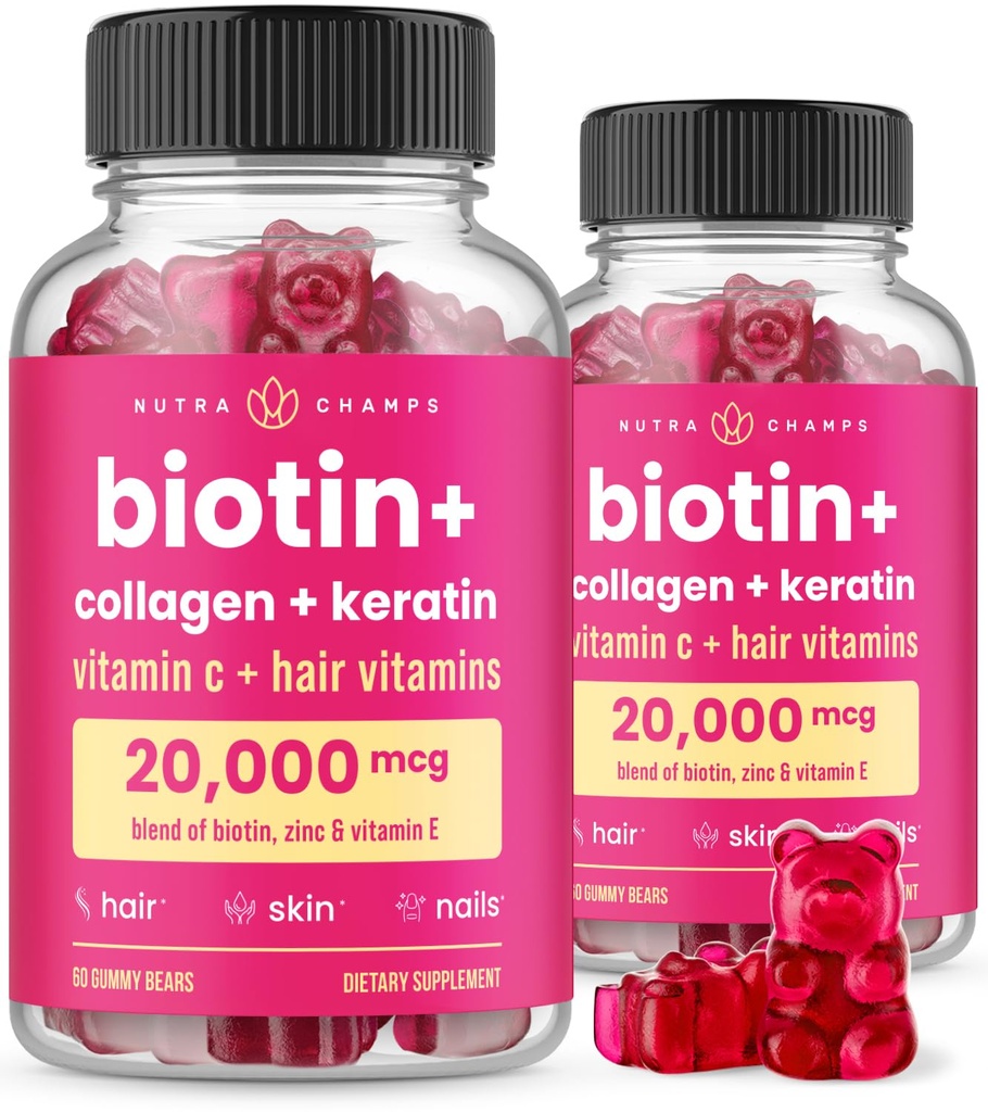 NutraChamps Hair Skin & negler Gummies, Biotin med kollagen & Keratin, 5000mcg Biotin skjønnhetskompleks, vitamin Supplement, Berry, 120 greve, Sunt hår, strålende hud og sterke negler (pakke av 2)